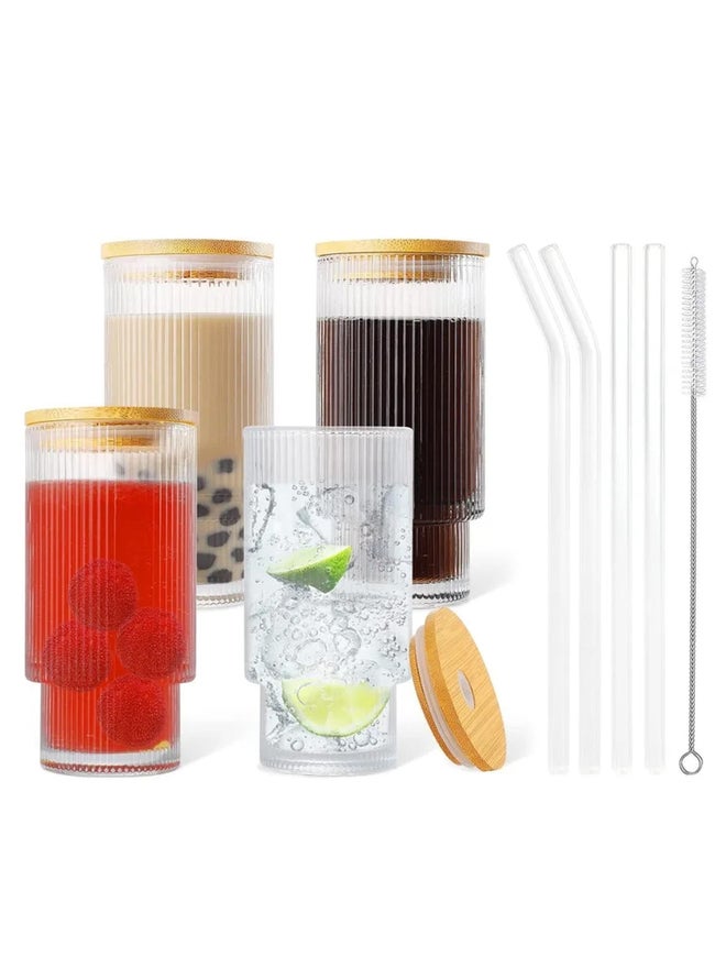 1CHASE Set of 4 - Borosilicate Ribbed Drinking Glasses with Straws and Bamboo Lid 450ml - Image 1